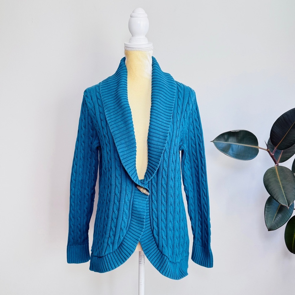 L.L.Bean Women’s Shawl Collar Cable Knit Cardigan Teal Size L - Picture 1 of 6